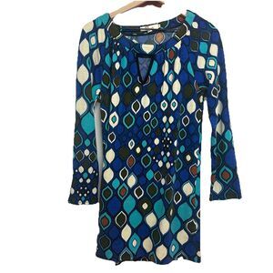 Aryeh Blue Geometric Knit Shift Dress, Long Sleeve, A-line, M, Retro, party, fun